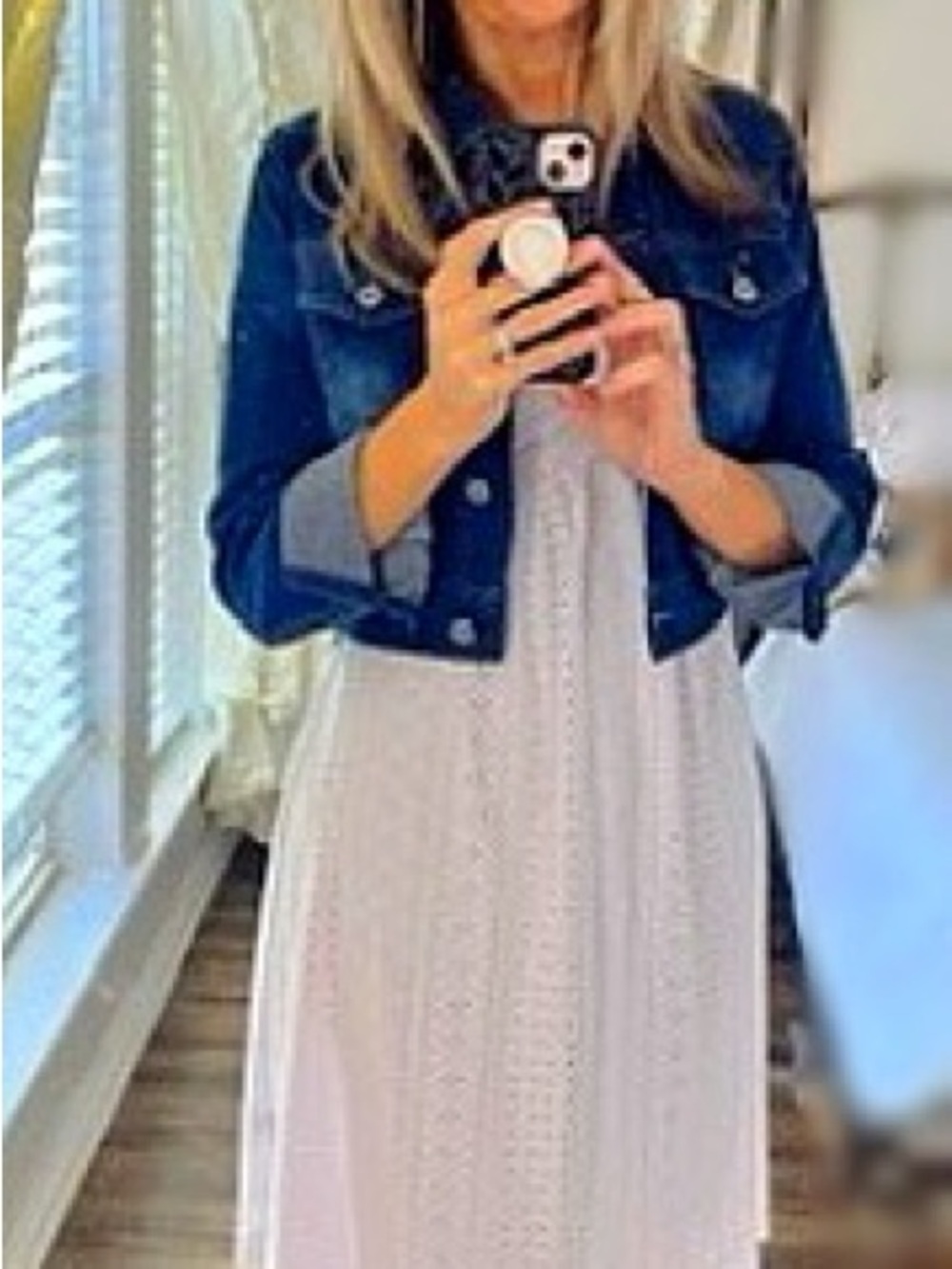 White Eyelet Midi Dress with Blue Denim Jacket